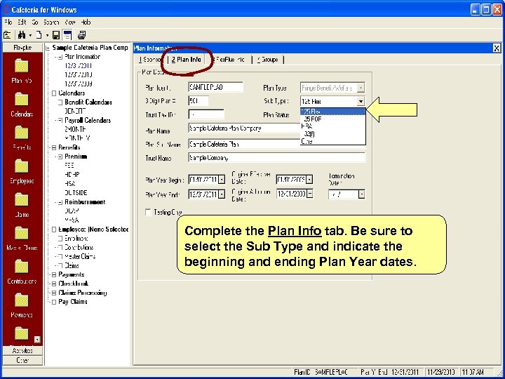 Complete the Plan Info tab. Be sure to select the Sub Type and indicate