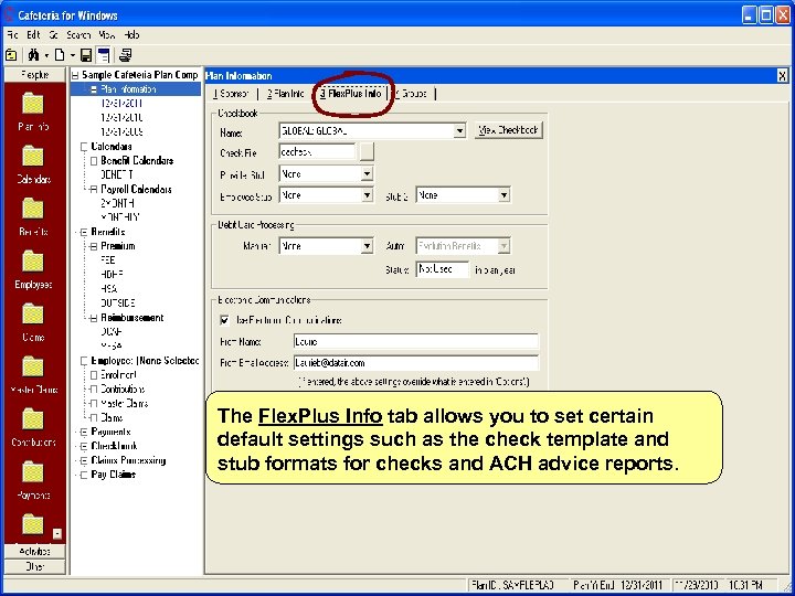 The Flex. Plus Info tab allows you to set certain default settings such as