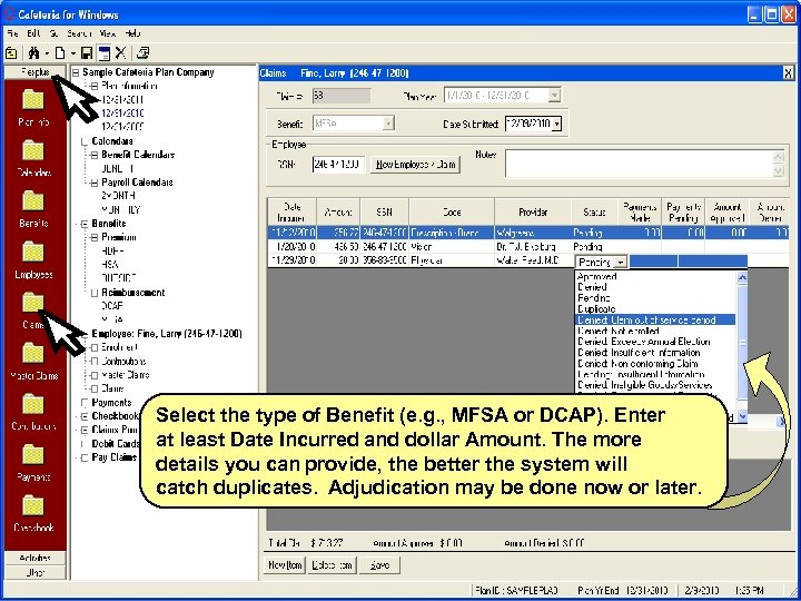 Select the type of Benefit (e. g. , MFSA or DCAP). Enter at least