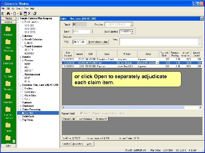 or click Open to separately adjudicate each claim item. 