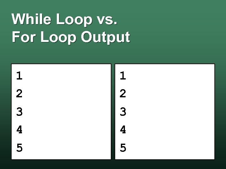 While Loop vs. For Loop Output 1 2 3 4 5 