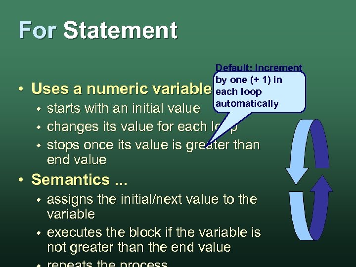 For Statement • Uses a numeric variable w w w Default: increment by one