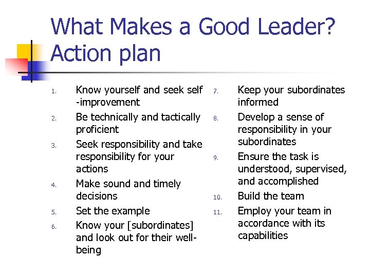 What Makes a Good Leader? Action plan 1. 2. 3. 4. 5. 6. Know