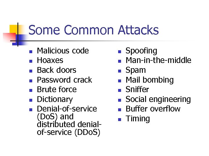 Some Common Attacks n n n n Malicious code Hoaxes Back doors Password crack