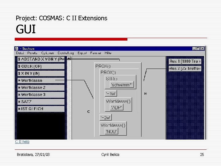 Project: COSMAS: C II Extensions GUI C II help Bratislava, 27/01/03 Cyril Belica 25