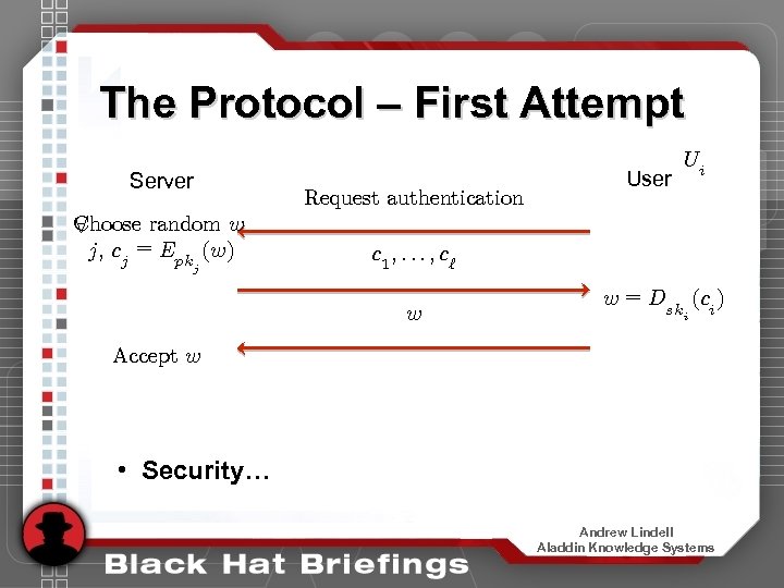 The Protocol – First Attempt Server Choose random w 8 j, c = E