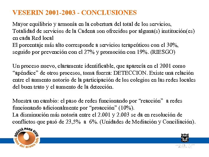 VESERIN 2001 -2003 - CONCLUSIONES Mayor equilibrio y armonía en la cobertura del total