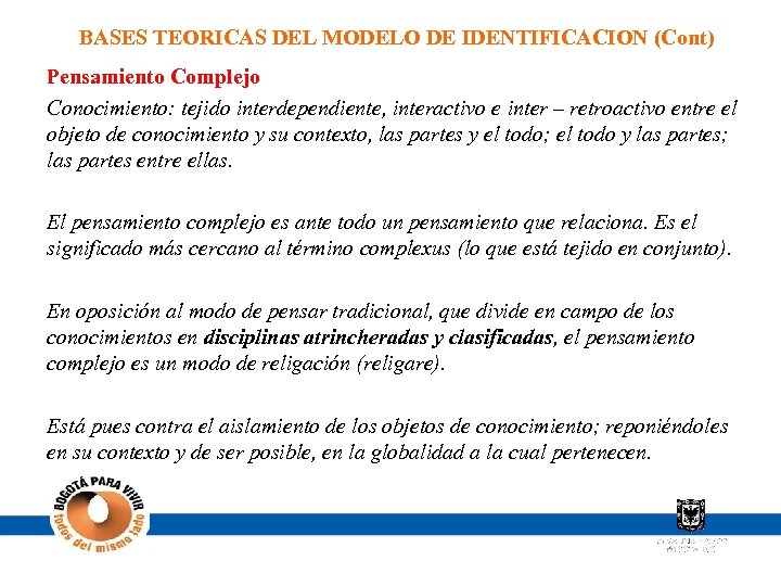 BASES TEORICAS DEL MODELO DE IDENTIFICACION (Cont) Pensamiento Complejo Conocimiento: tejido interdependiente, interactivo e