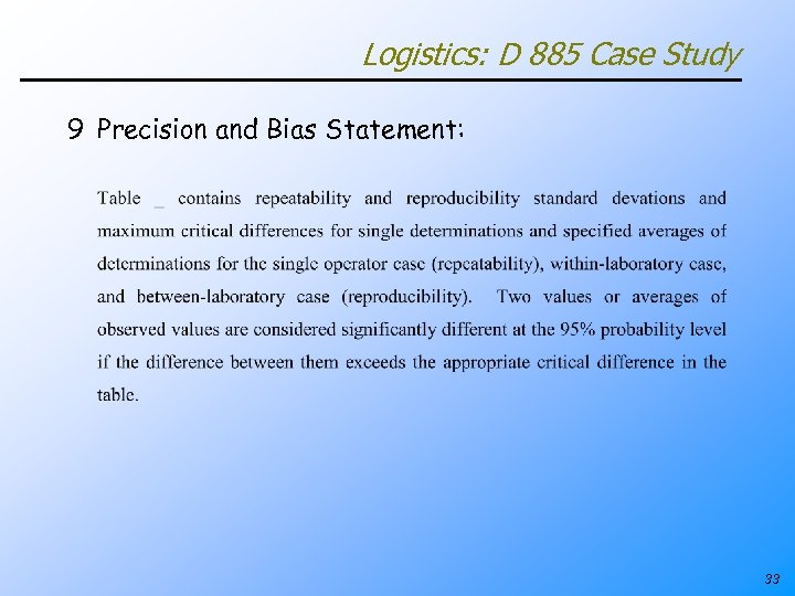 Logistics: D 885 Case Study 9 Precision and Bias Statement: 33 