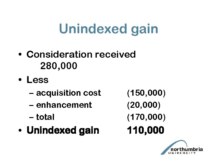 Unindexed gain • Consideration received 280, 000 • Less – acquisition cost – enhancement