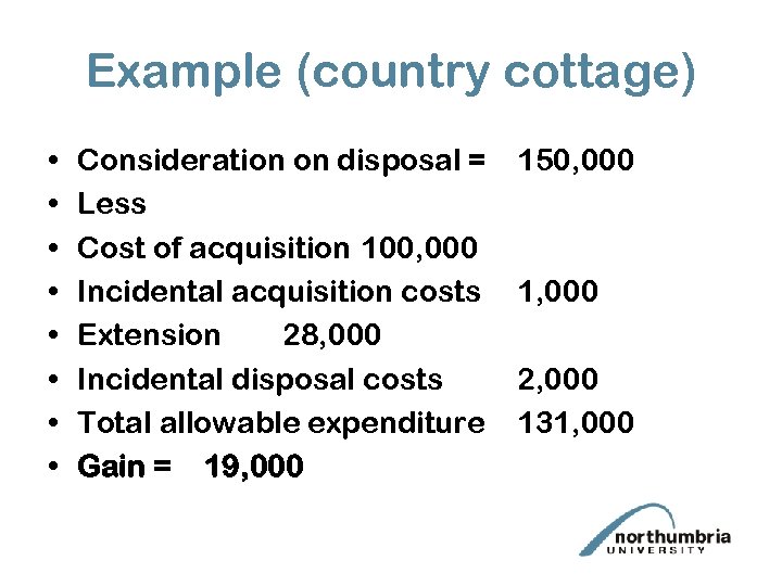 Example (country cottage) • • Consideration on disposal = Less Cost of acquisition 100,