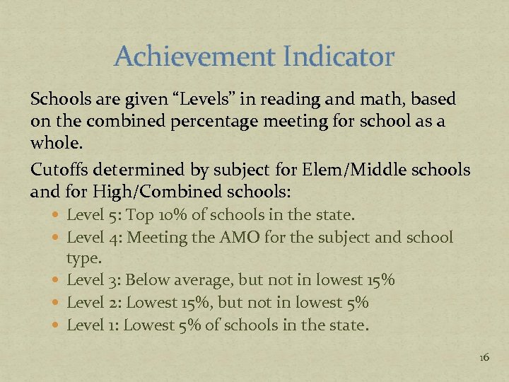 Achievement Indicator Schools are given “Levels” in reading and math, based on the combined