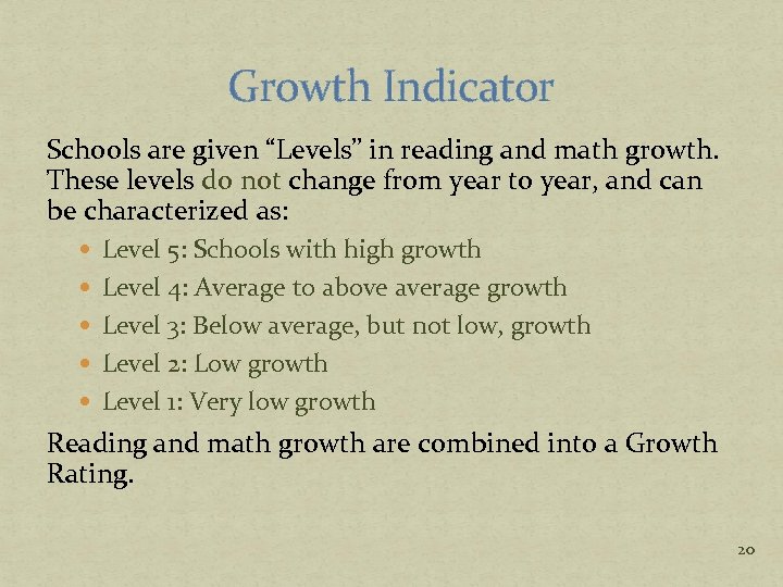 Growth Indicator Schools are given “Levels” in reading and math growth. These levels do