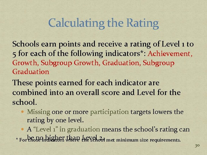 Calculating the Rating Schools earn points and receive a rating of Level 1 to