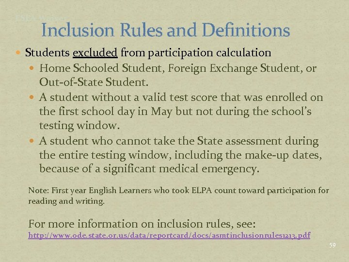 ESEA Waiver Inclusion Rules and Definitions Students excluded from participation calculation Home Schooled Student,
