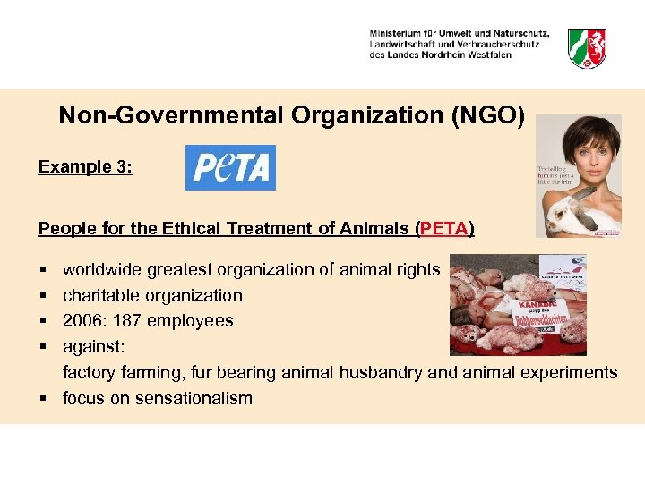Non-Governmental Organization (NGO) Example 3: People for the Ethical Treatment of Animals (PETA) §