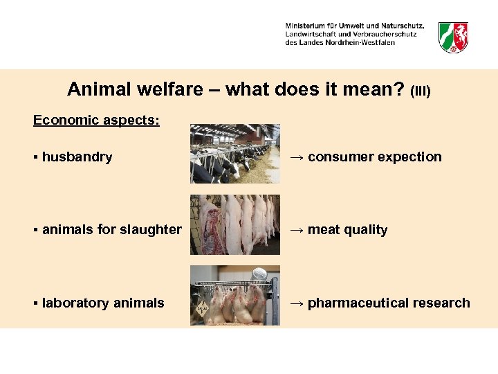 Animal welfare – what does it mean? (III) Economic aspects: ▪ husbandry → consumer