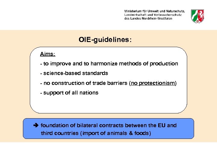 OIE-guidelines: Aims: - to improve and to harmonize methods of production - science-based standards