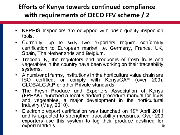 Efforts of Kenya towards continued compliance with requirements of OECD FFV scheme / 2