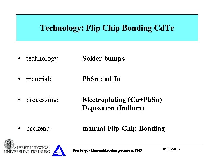 Technology: Flip Chip Bonding Cd. Te • technology: Solder bumps • material: Pb. Sn