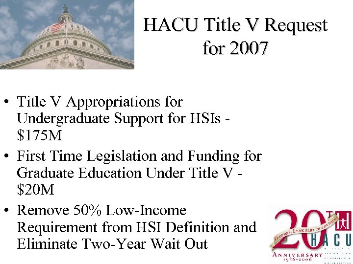 HACU Title V Request for 2007 • Title V Appropriations for Undergraduate Support for