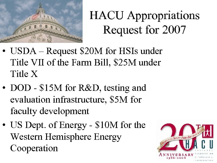 HACU Appropriations Request for 2007 • USDA – Request $20 M for HSIs under