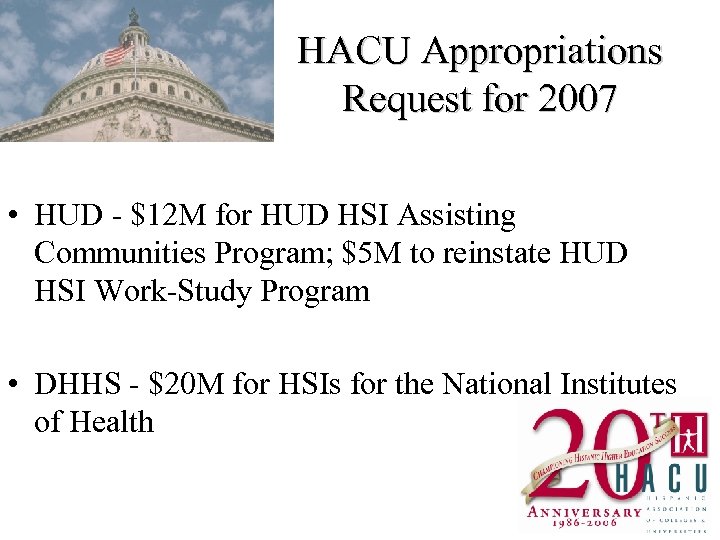 HACU Appropriations Request for 2007 • HUD - $12 M for HUD HSI Assisting