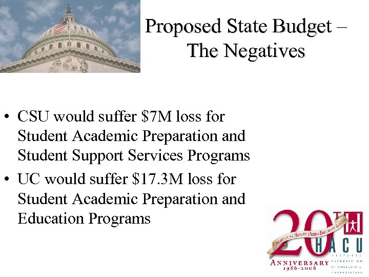 Proposed State Budget – The Negatives • CSU would suffer $7 M loss for