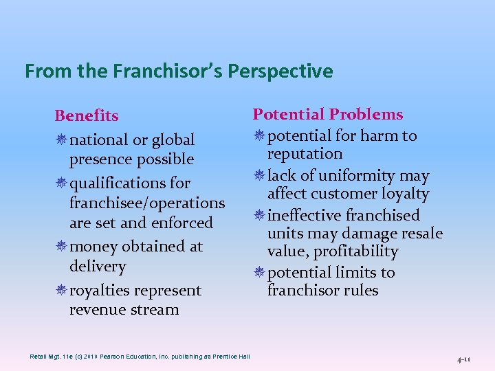 From the Franchisor’s Perspective Benefits ¯ national or global presence possible ¯ qualifications for