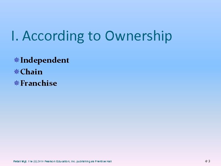 I. According to Ownership ¯Independent ¯Chain ¯Franchise Retail Mgt. 11 e (c) 2010 Pearson