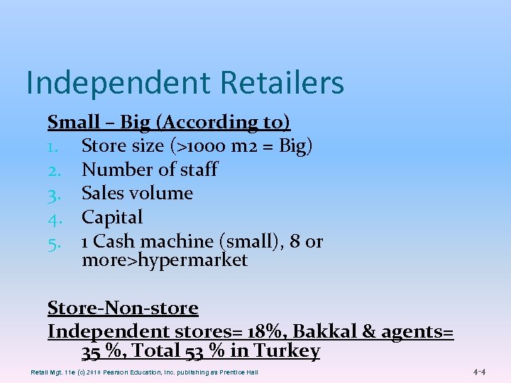 Independent Retailers Small – Big (According to) 1. Store size (>1000 m 2 =