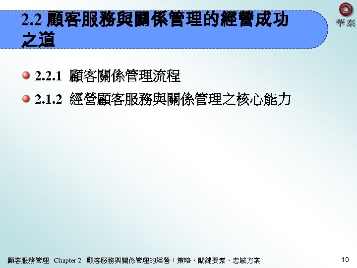2. 2 顧客服務與關係管理的經營成功 之道 2. 2. 1 顧客關係管理流程 2. 1. 2 經營顧客服務與關係管理之核心能力 顧客服務管理 Chapter