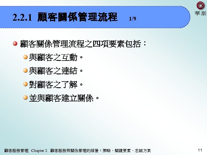 2. 2. 1 顧客關係管理流程 1/9 顧客關係管理流程之四項要素包括： 與顧客之互動。 與顧客之連結。 對顧客之了解。 並與顧客建立關係。 顧客服務管理 Chapter 2 顧客服務與關係管理的經營：策略、關鍵要素、忠誠方案