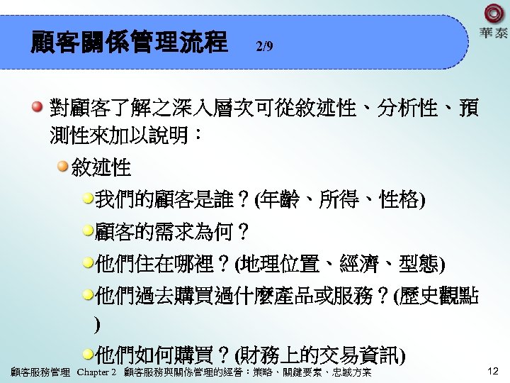 顧客關係管理流程 2/9 對顧客了解之深入層次可從敘述性、分析性、預 測性來加以說明： 敘述性 我們的顧客是誰？(年齡、所得、性格) 顧客的需求為何？ 他們住在哪裡？(地理位置、經濟、型態) 他們過去購買過什麼產品或服務？(歷史觀點 ) 他們如何購買？(財務上的交易資訊) 顧客服務管理 Chapter 2