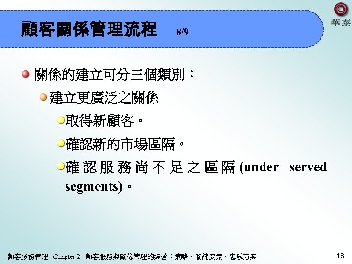 顧客關係管理流程 8/9 關係的建立可分三個類別： 建立更廣泛之關係 取得新顧客。 確認新的市場區隔。 確 認 服 務 尚 不 足 之