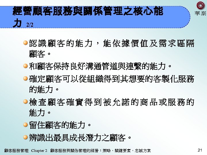 經營顧客服務與關係管理之核心能 力 2/2 認識顧客的能力，能依據價值及需求區隔 顧客。 和顧客保持良好溝通管道與連繫的能力。 確定顧客可以從組織得到其想要的客製化服務 的能力。 檢查顧客確實得到被允諾的商品或服務的 能力。 留住顧客的能力。 辨識出最具成長潛力之顧客。 顧客服務管理 Chapter