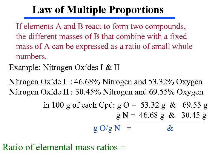 Law of Multiple Proportions If elements A and B react to form two compounds,