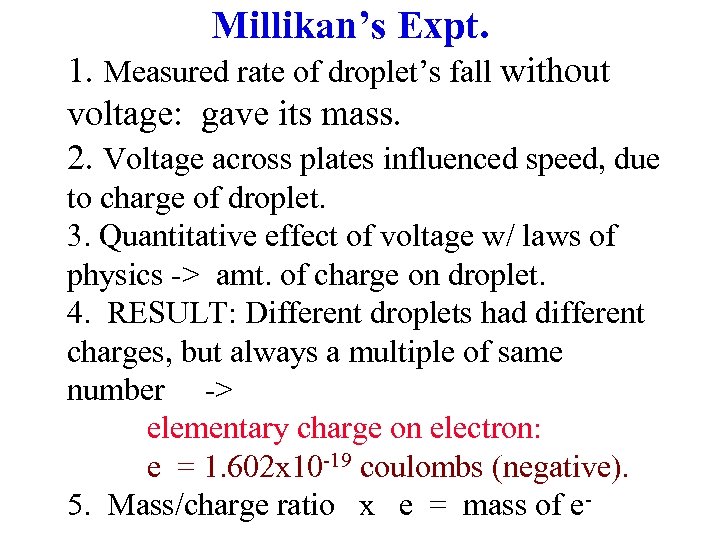 Millikan’s Expt. 1. Measured rate of droplet’s fall without voltage: gave its mass. 2.