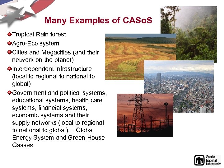 Many Examples of CASo. S Tropical Rain forest Agro-Eco system Cities and Megacities (and