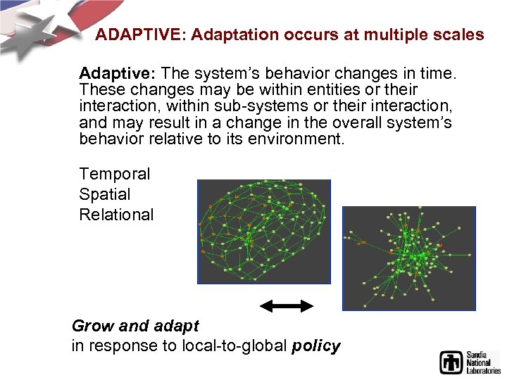 ADAPTIVE: Adaptation occurs at multiple scales Adaptive: The system’s behavior changes in time. These