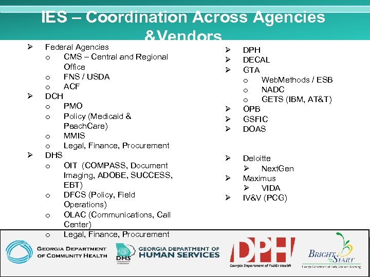 Ø IES – Coordination Across Agencies &Vendors Federal Agencies o Ø Ø CMS –