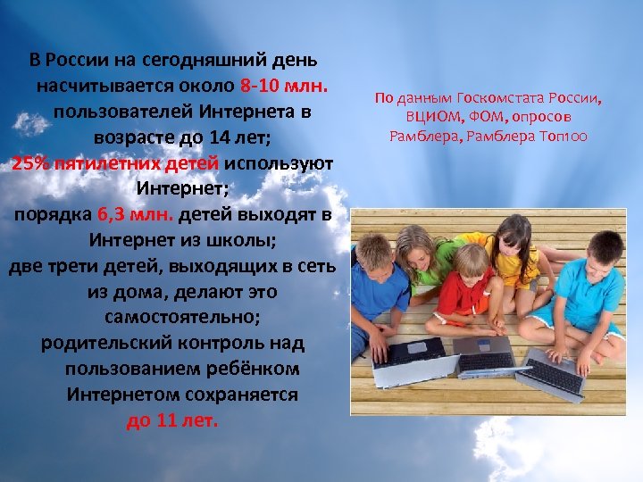 В России на сегодняшний день насчитывается около 8 -10 млн. пользователей Интернета в возрасте