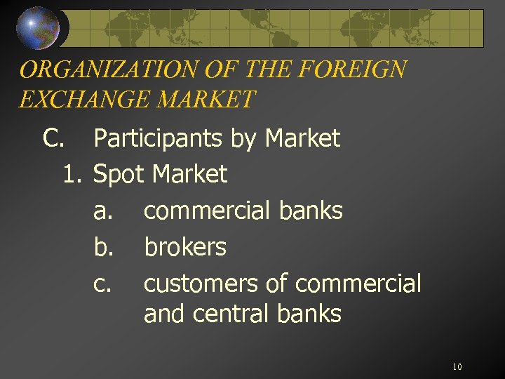 ORGANIZATION OF THE FOREIGN EXCHANGE MARKET C. Participants by Market 1. Spot Market a.