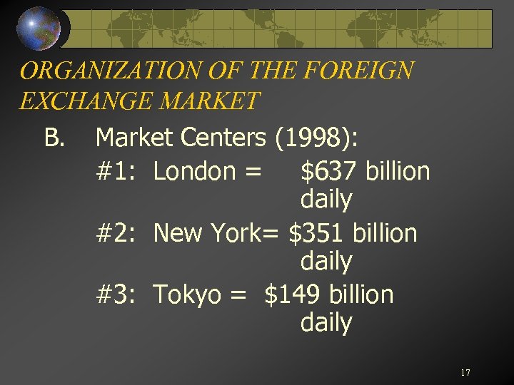 ORGANIZATION OF THE FOREIGN EXCHANGE MARKET B. Market Centers (1998): #1: London = $637