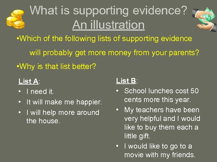 What is supporting evidence? An illustration • Which of the following lists of supporting