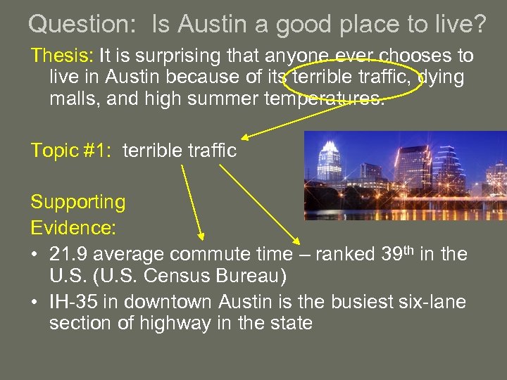 Question: Is Austin a good place to live? Thesis: It is surprising that anyone