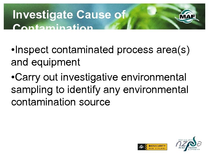 Investigate Cause of Contamination • Inspect contaminated process area(s) and equipment • Carry out