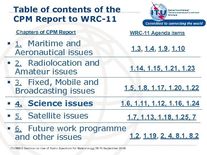 Table of contents of the CPM Report to WRC-11 Chapters of CPM Report §