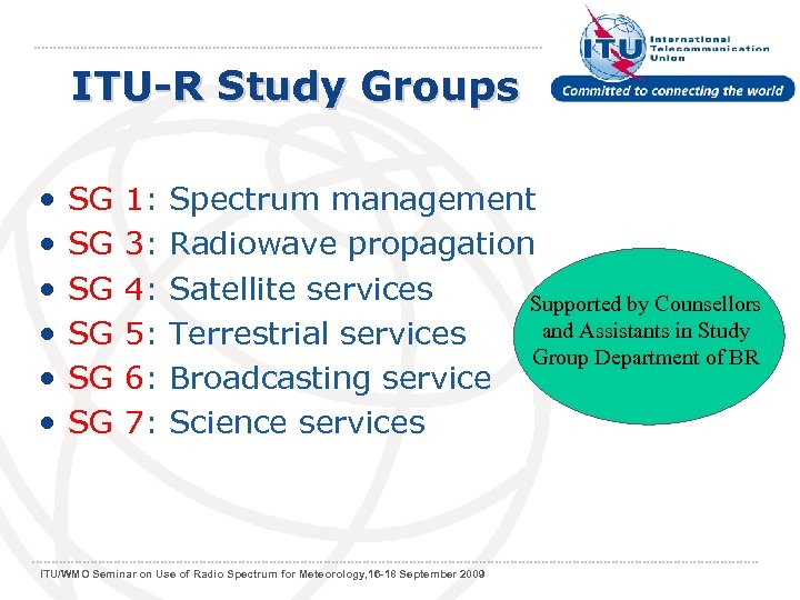 ITU-R Study Groups • • • SG 1: Spectrum management SG 3: Radiowave propagation