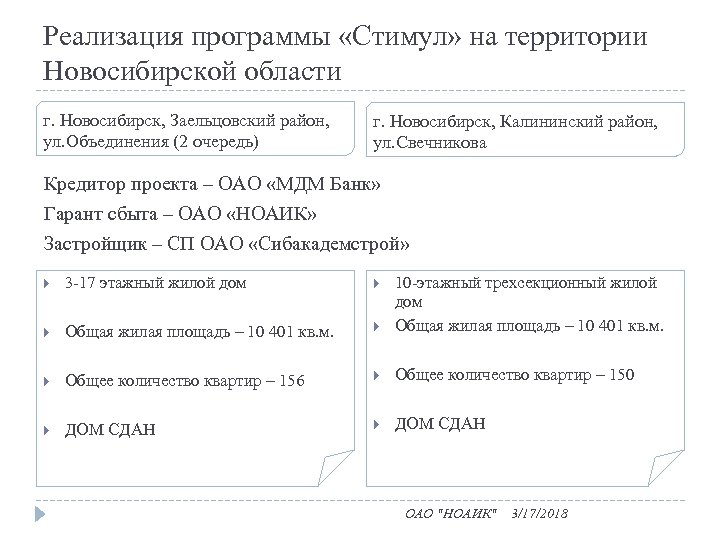 Реализация программы «Стимул» на территории Новосибирской области г. Новосибирск, Заельцовский район, ул. Объединения (2